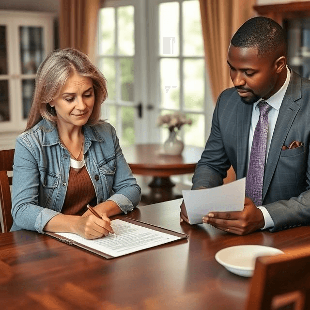 A woman fills out a bail bonding contract at her dining room table as an experienced professional bondsman offers assistance.