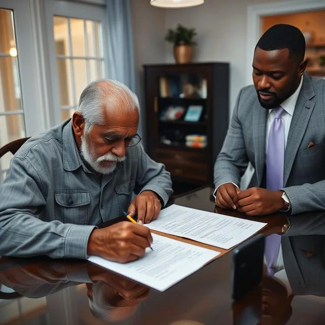 A man fills out a bail bonding contract at his dining room table as an experienced professional bondsman offers assistance.