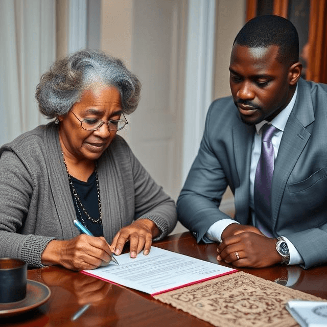 African American female signs bonding agreement to get her grandson out of jail, as a professional bondsman assists her