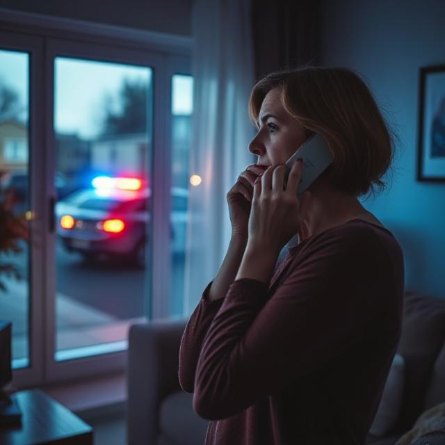 A woman is talking on the phone after her husband was arrested, and looks nervously out of her living room window. setting is early evening in a moderately lit middle-class living room, red and blue lights from a police car outside illuminate the female and the room