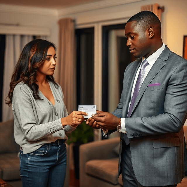 A woman hands payment to a well dressed bondsman