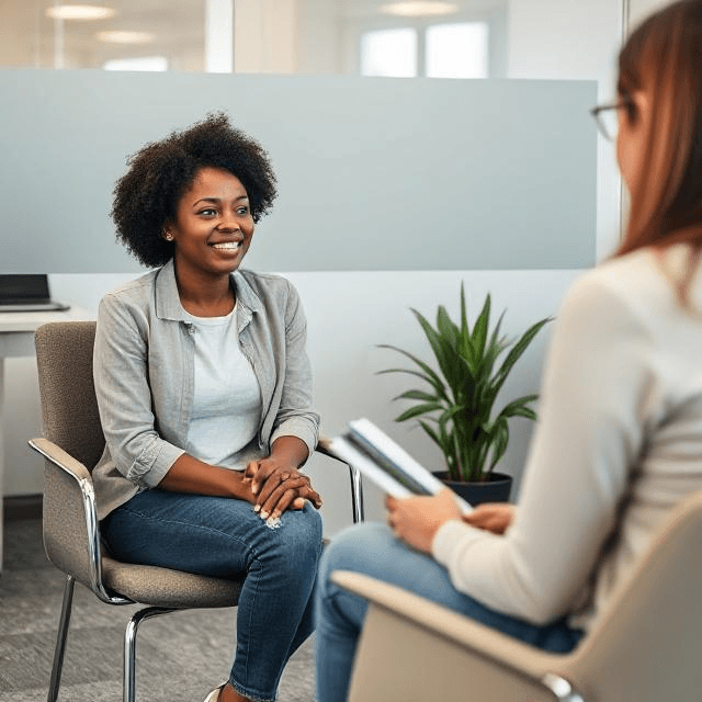 an African American woman speaks with a credit counselor to get her finances in order
