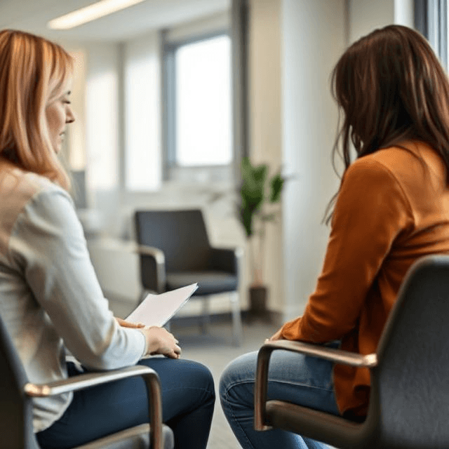 a woman struggling with addiction talks with an experienced councilor